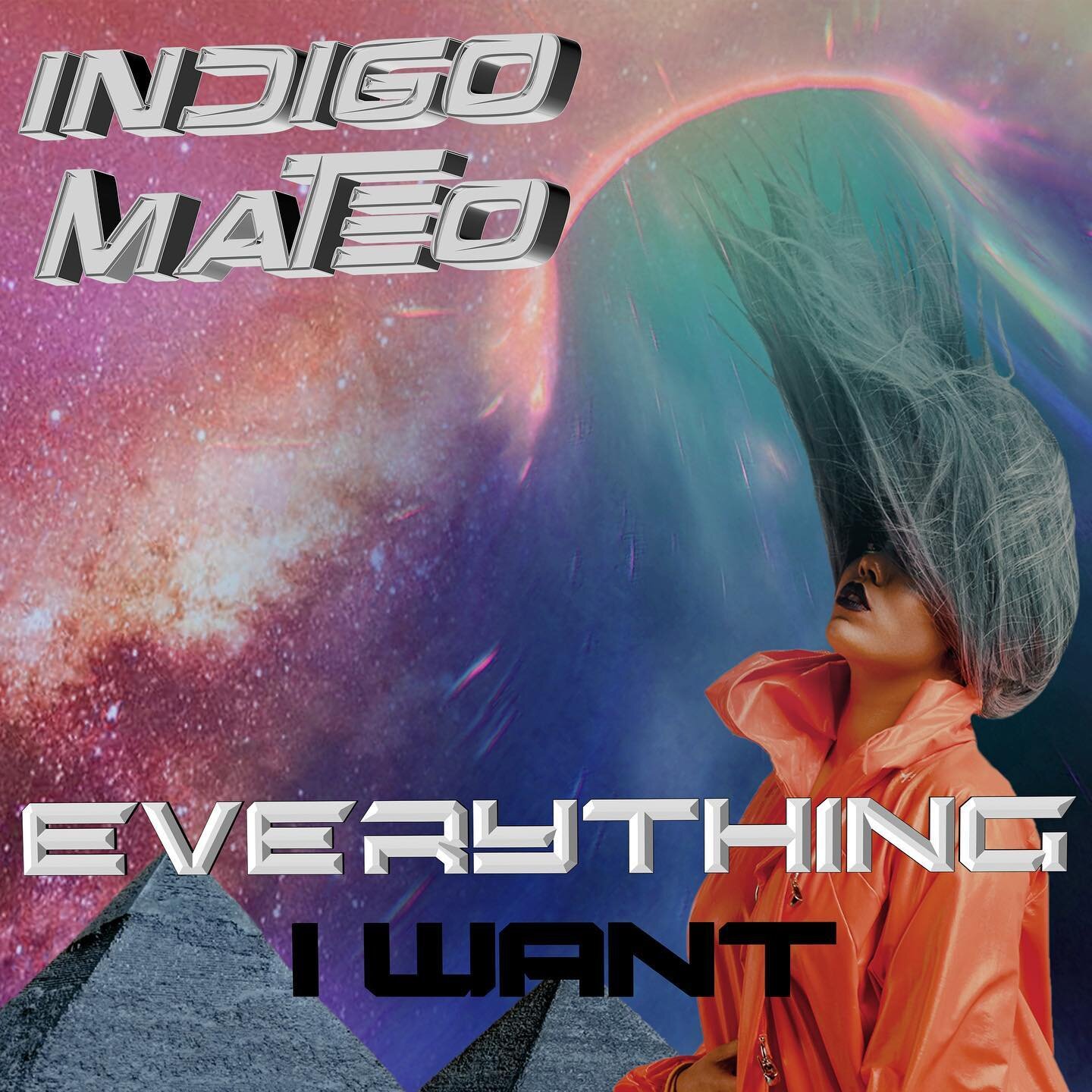album cover with woman with teal hair flipping over her head and the words Indigo Mateo in the upper right corner