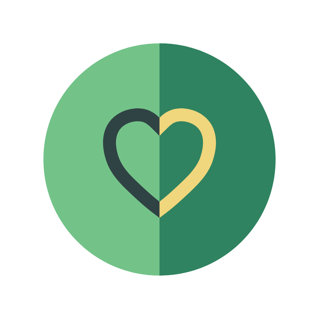 green circle with heart on top bisected 