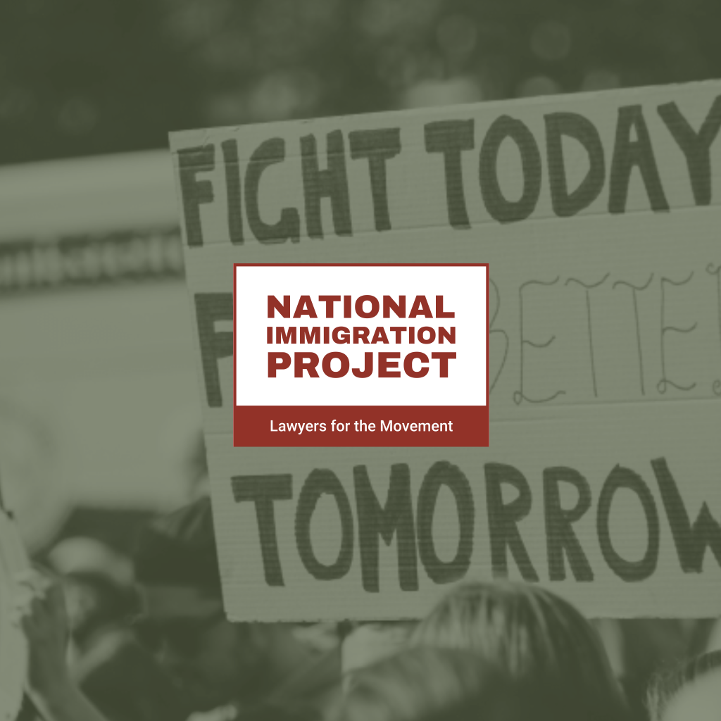 protest sign in a crowd in the background with the National Immigration Project logo on top