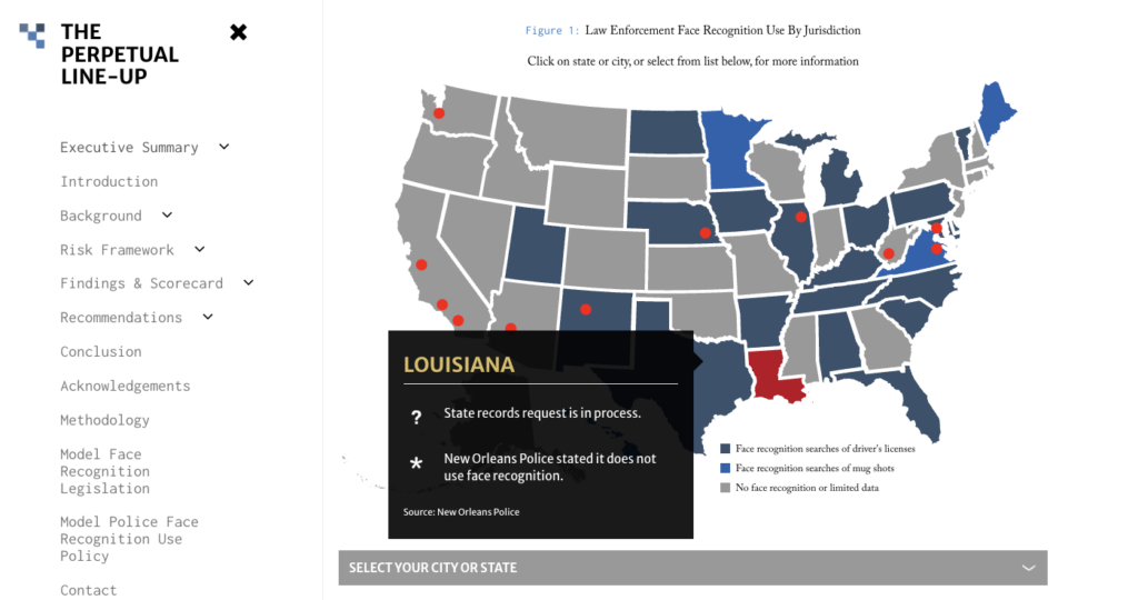 expanded hamburger menu on the left showing navigational links with the same gray and blue map of the US on the right but now the state of Louisiana is highlighted in red and there is a corresponding black box with information showing