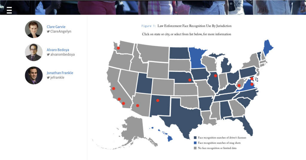 small thumbnails of report authors on the left with a gray and blue map of the US in the center with red dots indicating jurisdictions where law enforcement is using face recognition