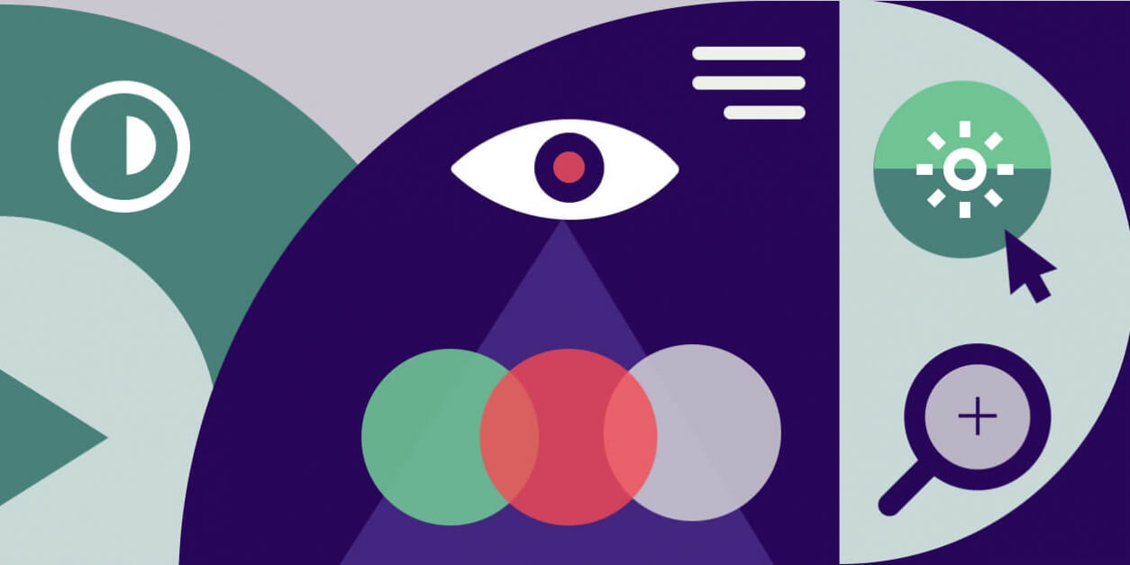 collage of accessibility related iconography including eye with colored circles overlaying eachother a brightness icon a search icon and contrast icon
